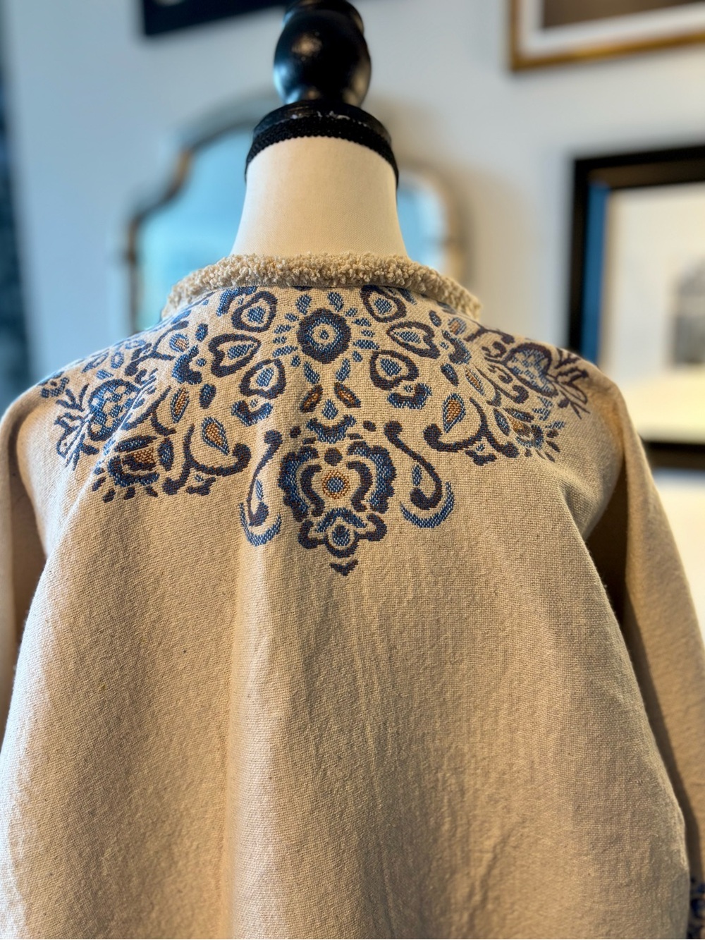 🧵 HANDMADE Embroidered Cream & Blue Boho Kimono Linen Blend Jacket O/S - Picture 8 of 15